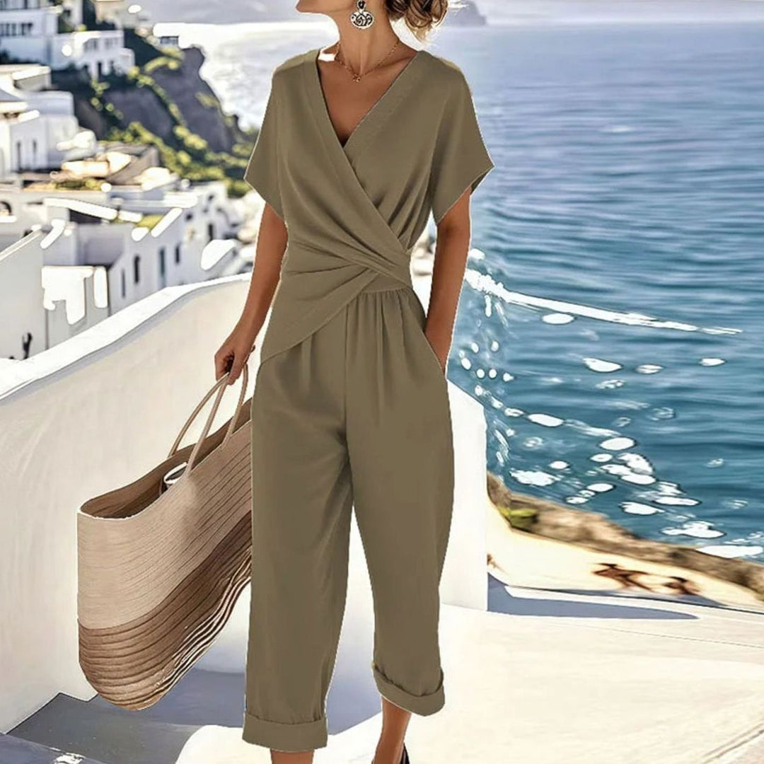 Women's Wrap-Front V-Neck Cropped Jumpsuit - Khaki