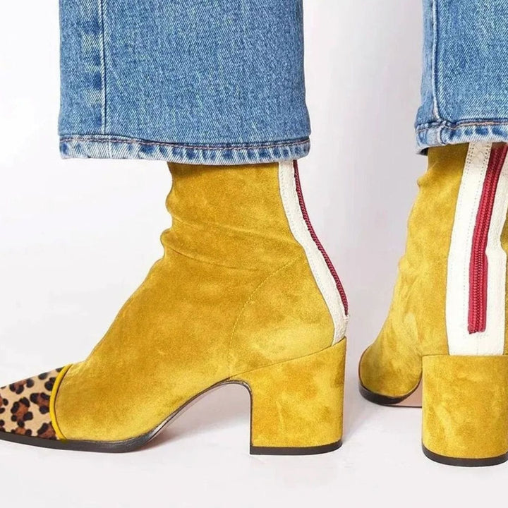 Women's Yellow Suede Block-Heel Ankle Boots Leopard Print Toe - Yellow