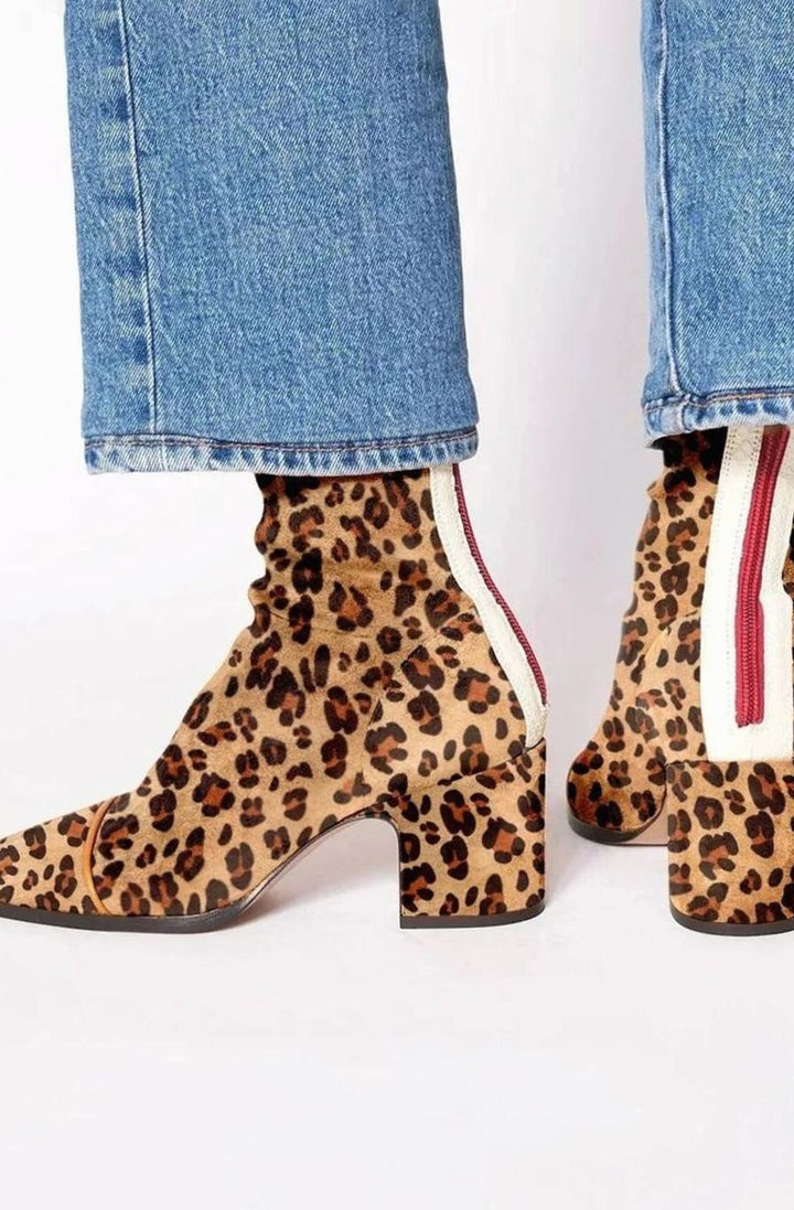 Women's Yellow Suede Block-Heel Ankle Boots Leopard Print Toe - Leopard Print
