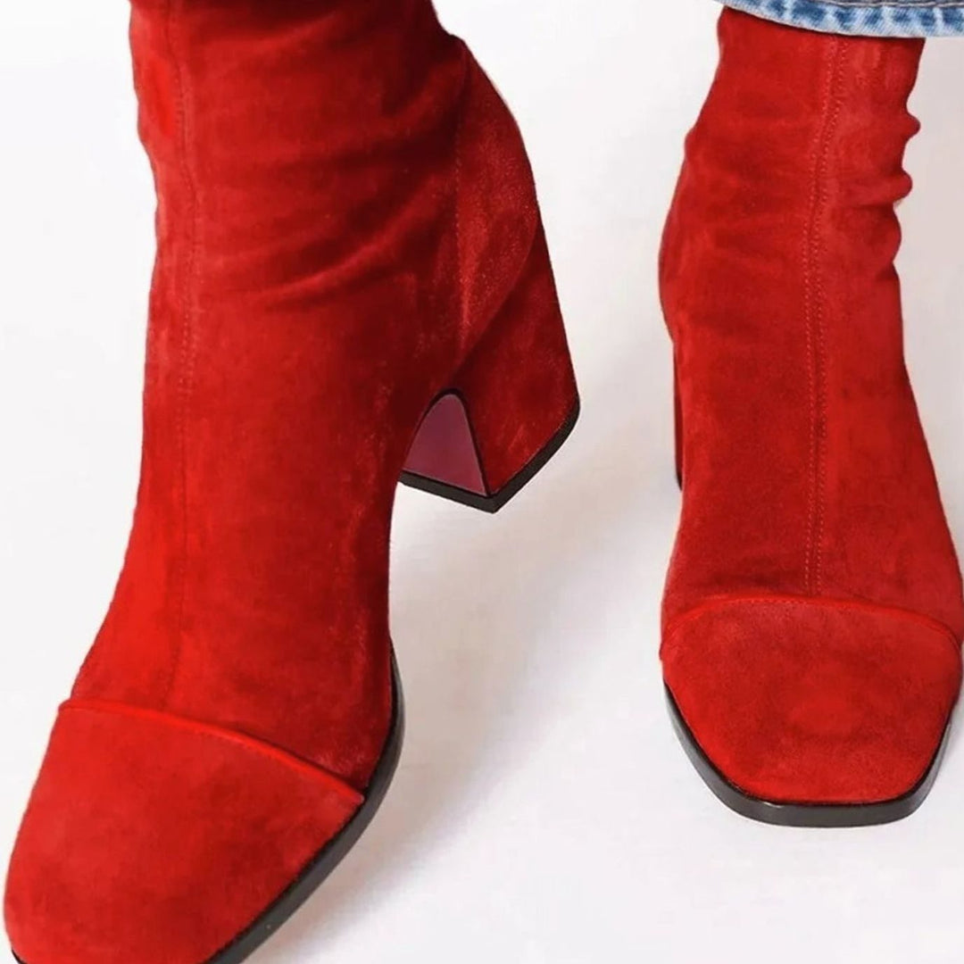 Women's Yellow Suede Block-Heel Ankle Boots Leopard Print Toe - Red
