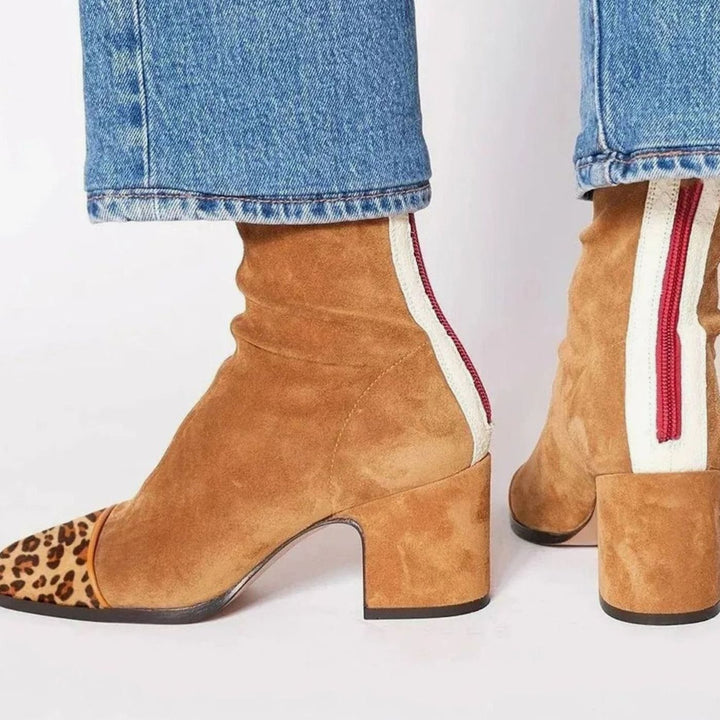 Women's Yellow Suede Block-Heel Ankle Boots Leopard Print Toe - Brown
