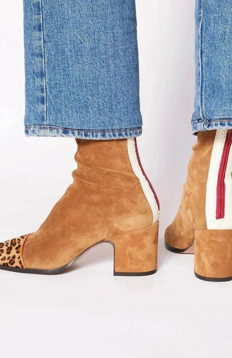 Women's Yellow Suede Block-Heel Ankle Boots Leopard Print Toe