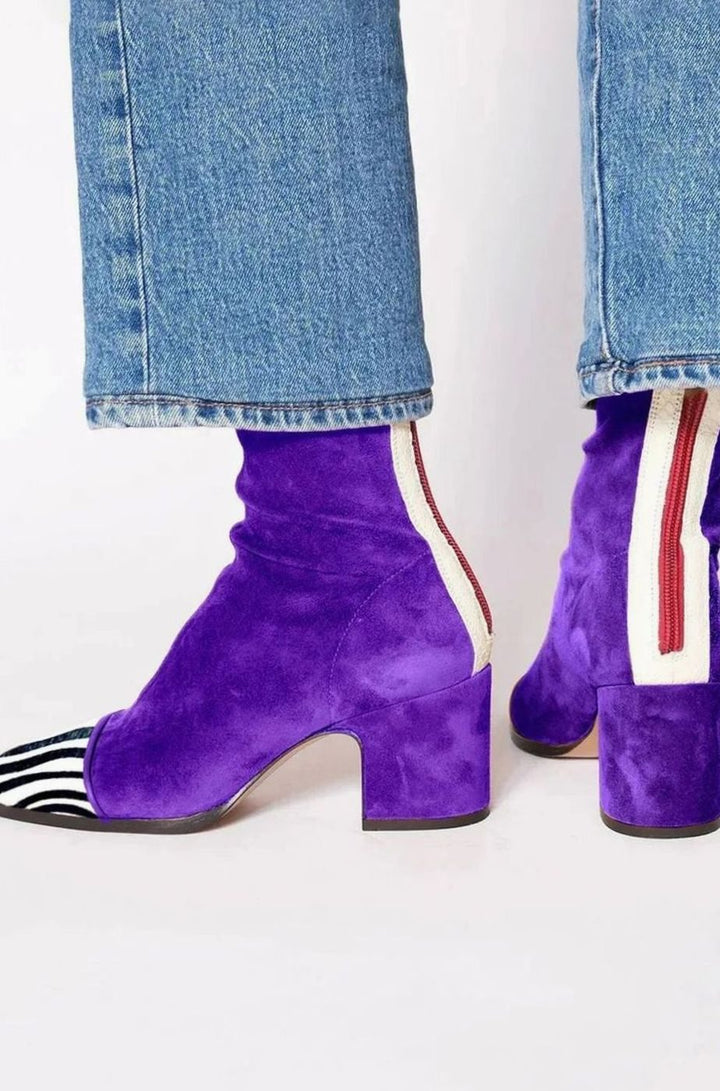 Women's Yellow Suede Block-Heel Ankle Boots Leopard Print Toe - Purple