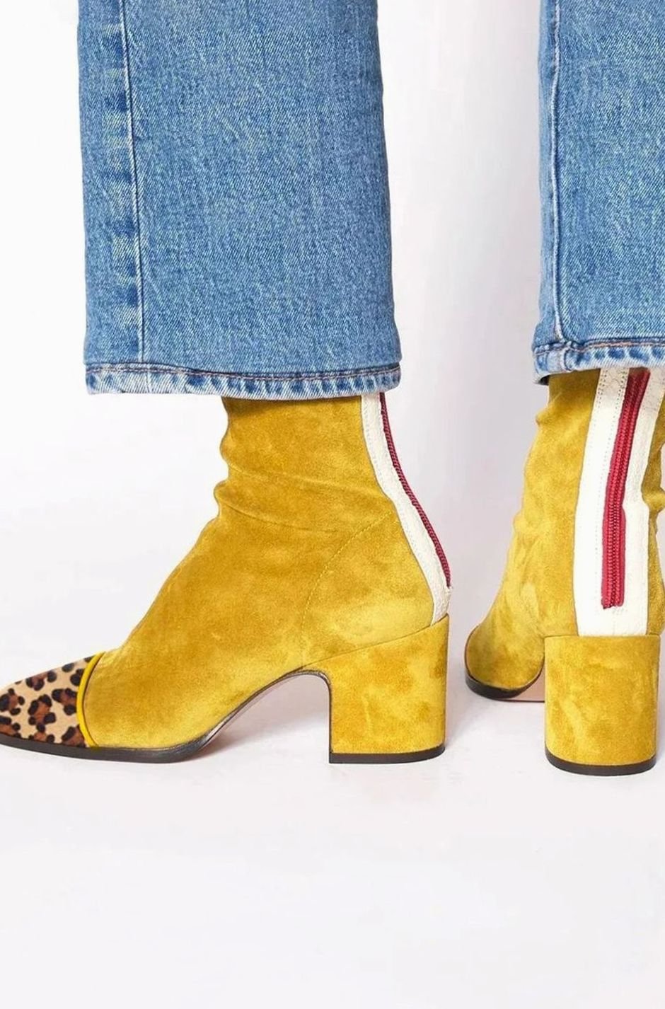 Women's Yellow Suede Block-Heel Ankle Boots Leopard Print Toe